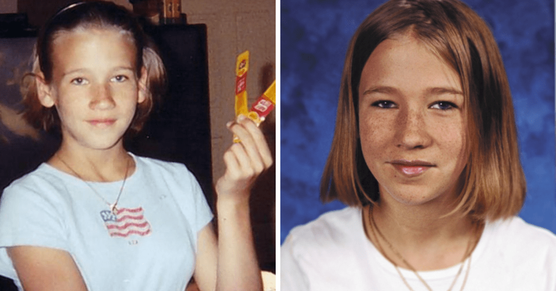 Tabitha Tuders holding up two string cheese packages + School portrait of Tabitha Tuders