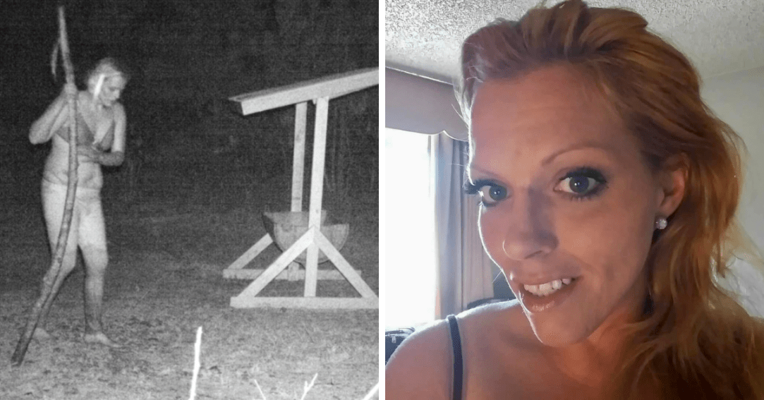Trail camera still of a woman using a stick to walk past a deer baiting station + Selfie of Amber Rae Johnston